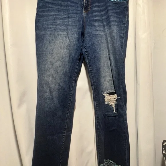 Kut from the Kloth Ardiss Jeans 11 Blue Distressed Raw Hem Boho Trim Stretch - Picture 2 of 6